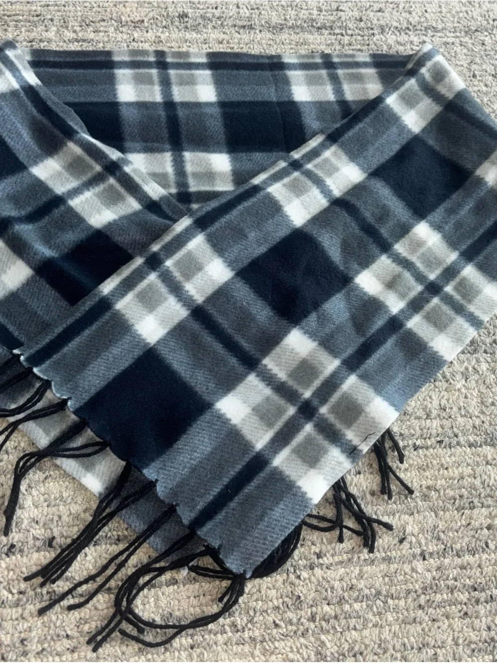 Plaid Fringe Scarf - Black & Gray & Blue